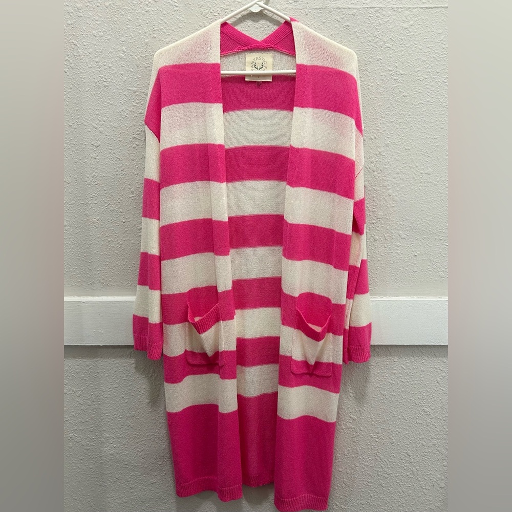 Fantastic Fawn Pink and Off White Open Long Cardigan Size Large